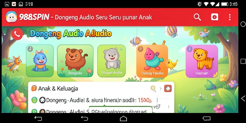 Antarmuka aplikasi 988SPIN yang menarik dengan berbagai pilihan dongeng audio.