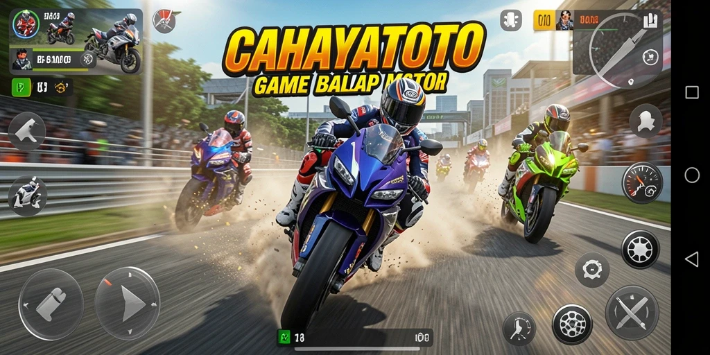 Tampilan antarmuka permainan balap motor CAHAYATOTO yang menarik.
