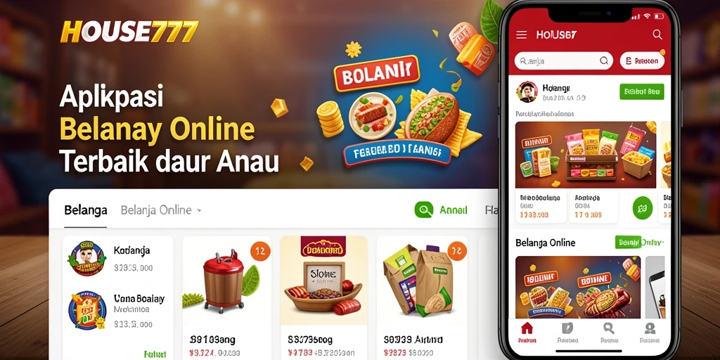 Screenshot antarmuka aplikasi HOUSE777 untuk belanja online.