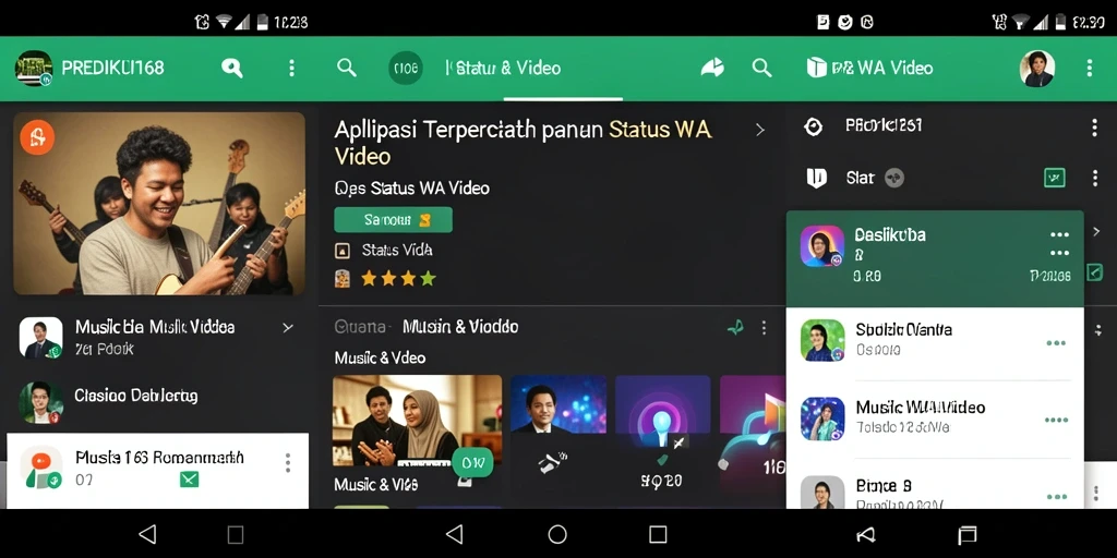 Antarmuka aplikasi PREDIKSI168 menampilkan berbagai pilihan video untuk status WA.