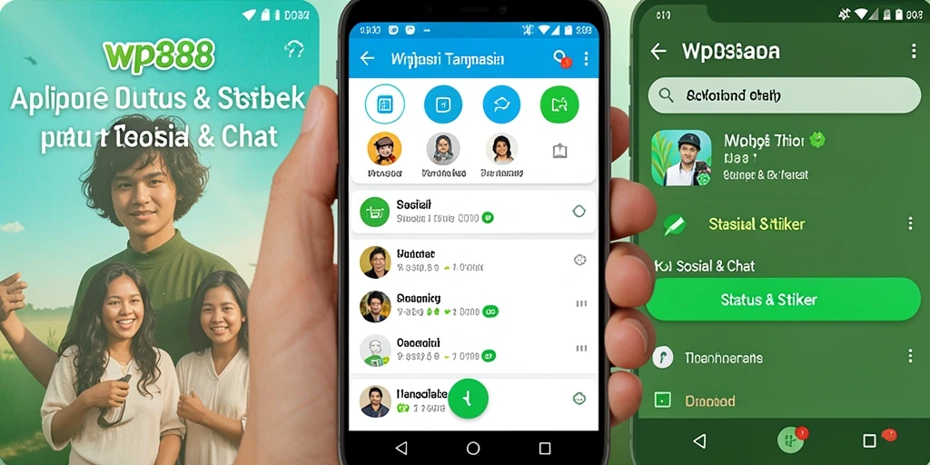 Antarmuka WP888 dengan stiker unik untuk status dan chat.